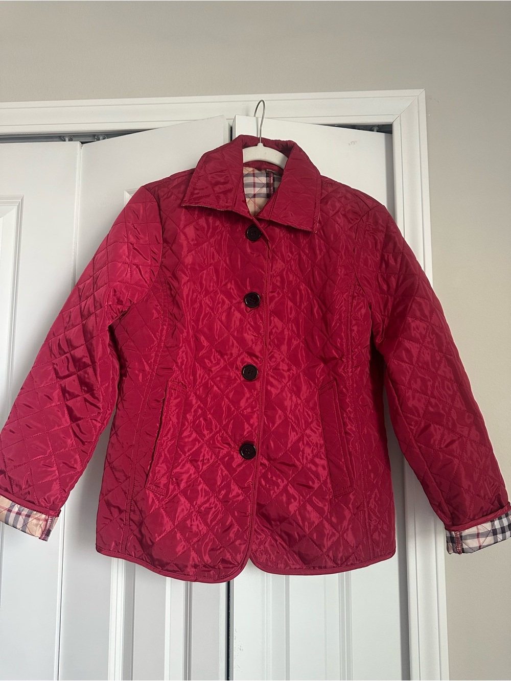 Burgundy Quilted Jacket Plaid Lined Preppy Classic Button Front